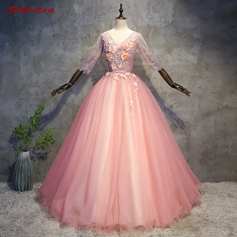 Розовое Бальное Платье кружевные платья для Quinceanera с длинным рукавом 15 милые