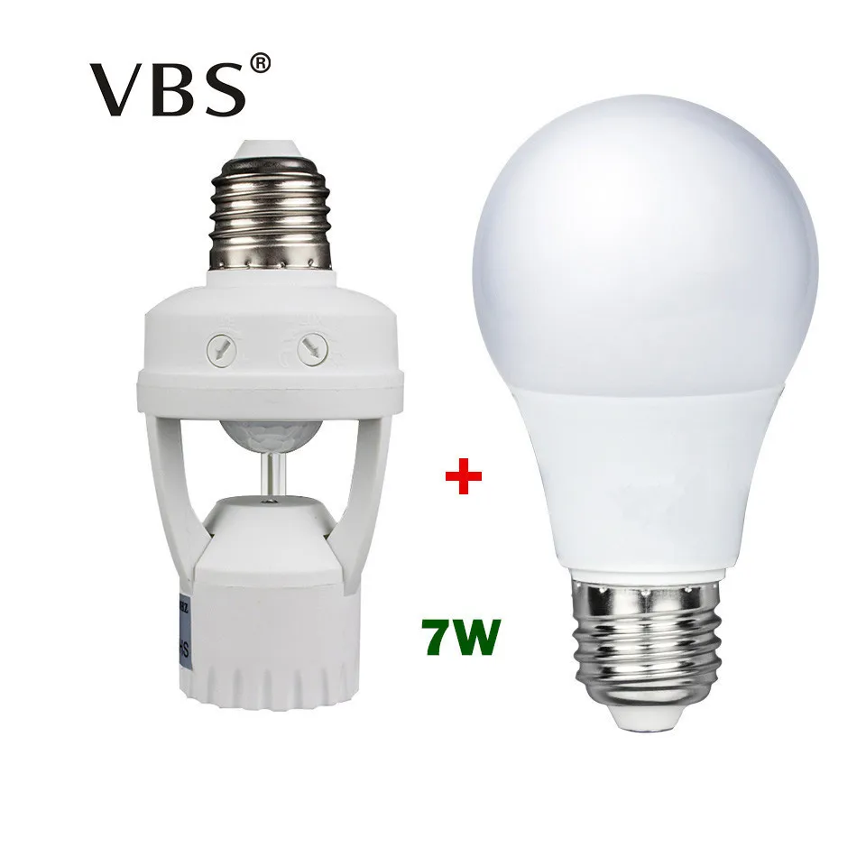 1Set 220V 7W E27 Led Bulbs Light + PIR Motion Sensor Lamp Base with
