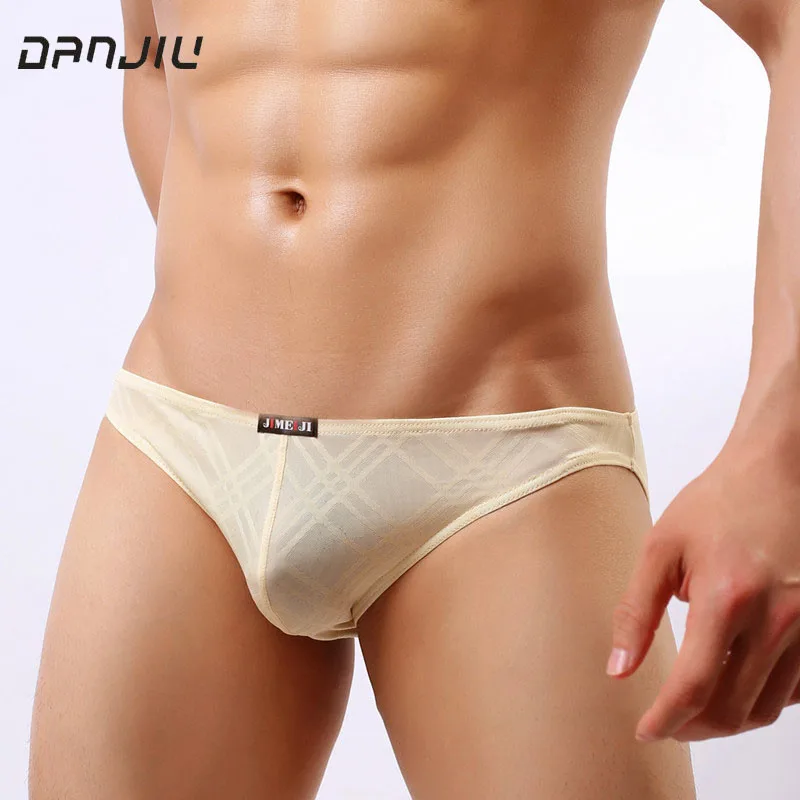 

DANJIU Lace Sexy Gay Male Briefs Thin Breathable Mens Underwear Summer Soft Transparent Man Underpants U Convex Solid Panties