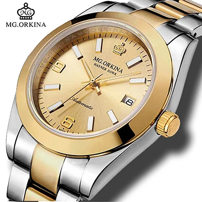 MG. ORKINA мужские роскошные золотые из нержавеющей стали 316L 40 мм автоматические механические часы с автоматическим подзаводом водонепроницаемые 30 м автоматические часы с датой - Цвет: ORK010