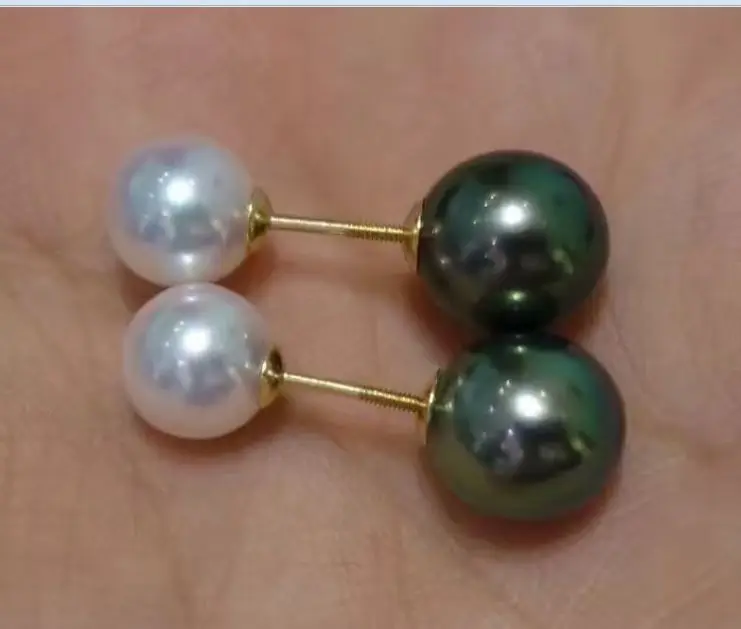 

new AAA 6-11mm round south sea white black green pearl earring 14k