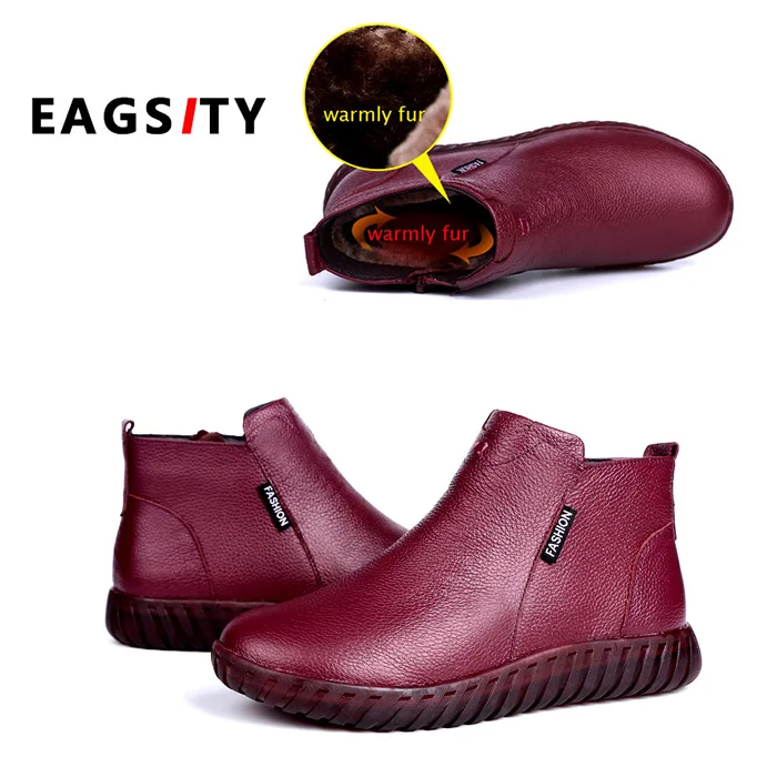 EAGSITY/зимние ботинки из натуральной кожи; теплые плюшевые женские ботинки в байкерском стиле; нескользящая удобная обувь с высоким берцем