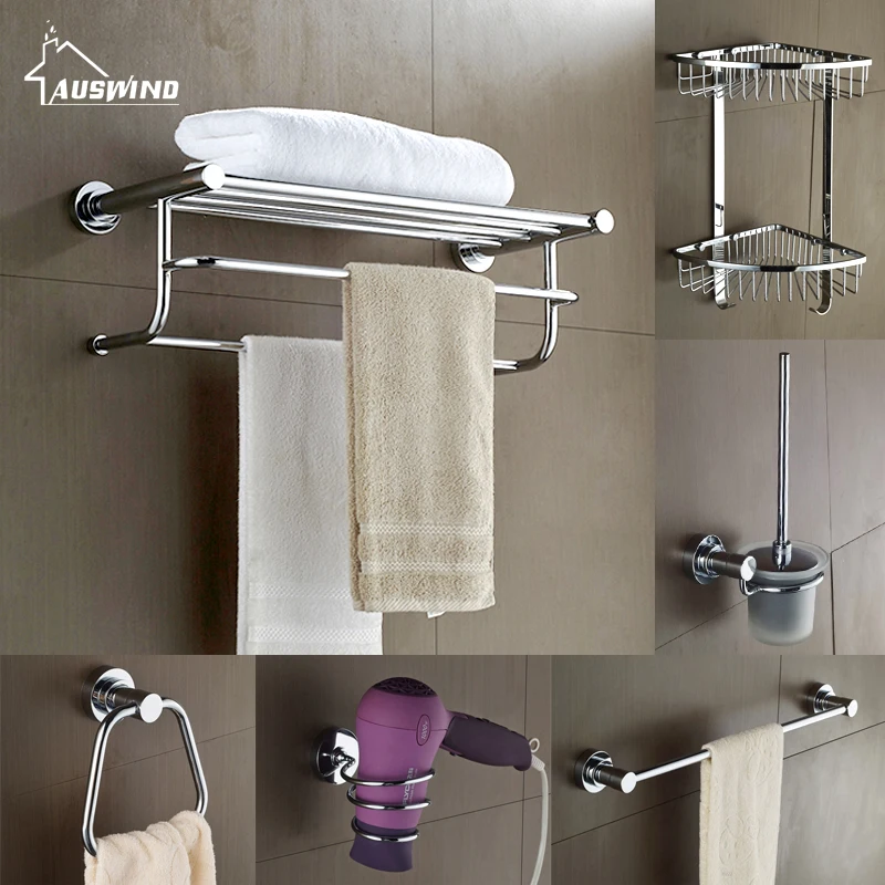 

AUSWIND Modern 304 stainless steel silver polish bathroom accessories round base wall mount bathroom hardware set