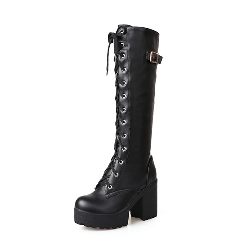 ENMAYER/зимние сапоги на высоком каблуке с круглым носком женские сапоги до колена для верховой езды, размеры 34-43 обувь на платформе белые туфли с перекрестной шнуровкой - Цвет: Черный