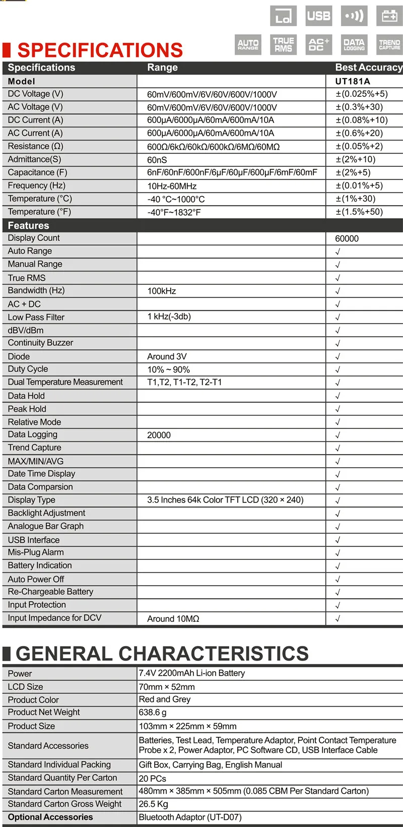 UNI-T UT181A True RMS Datalogging мультиметр; цифровой мультиметр, фильтрация низких частот/Проводимость nS/измерение Двойной Температуры