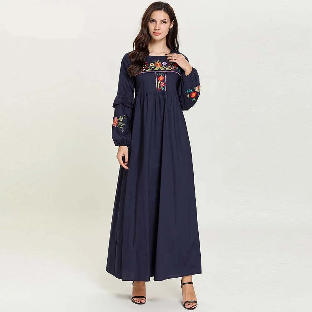 

Flowers Embroidery Vintage Muslim Dress Abaya Islamic Hijab Dress Turkey Caftan Marocain Tesettur Elbise Kaftan Robe Dubai Femme