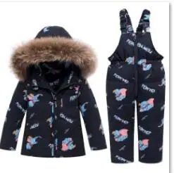 Новые Детские Пуховые костюмы с большим меховым капюшоном, Детская верхняя одежда на утином пуху, пальто+ комбинезон, 2 предмета, зимний теплый комплект для мальчиков и девочек - Цвет: Черный