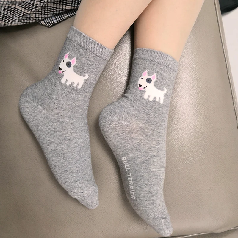 

puppy bull terrier socks for women cartoon kawaii socks with cute dog owner gift for human wholesale 6 pairs/lot grey