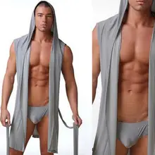 Летние Для мужчин s сексуальные халаты с капюшоном и без рукавов Ice Silk банный халат размера плюс 4xl Для мужчин лаунж-кимоно пижамы сексуальный Гладкий халат черный