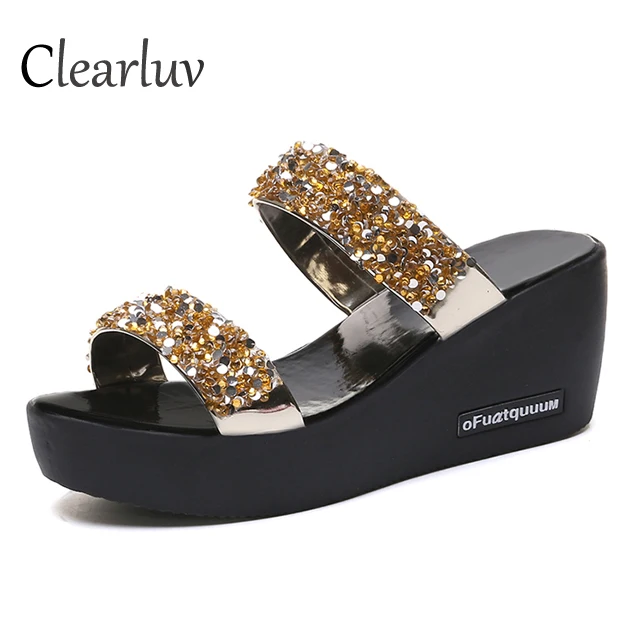 

Women's Slippers 2019 Summer New Wild Fashion Open Toe Sequined Slope 7cm Roman Slippers Beach Breathable Sandals Size 35-40