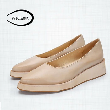 

WEIQIAONA 2018 new retro thick heel shoes women's Cow leather pointed shallow shoes fashion personality comfortable Ladies flats