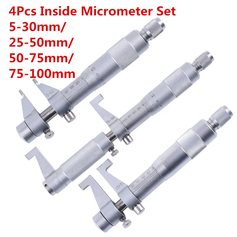 4Pcs Inside Micrometer Set 5 30mm/25 50mm/50 75mm/75 100mm 0.01mm