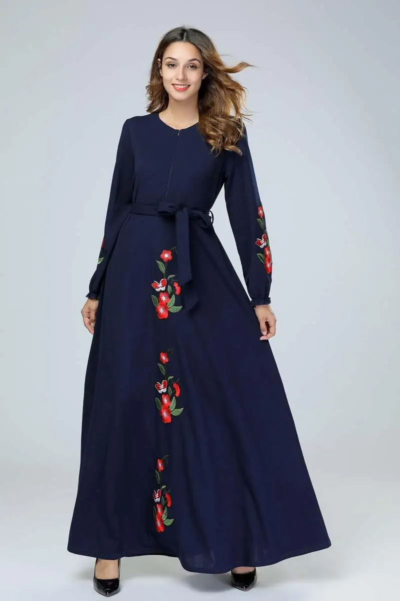 Мусульманин Дубай Макси-платье Для женщин с вышитыми цветами длинное платье с поясом с длинным рукавом халат кафтан Турция моды мусульманские платья