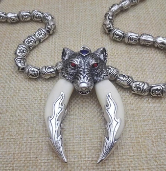 

Langya double tooth Pendant Necklace peace evil Buddha head silver chain