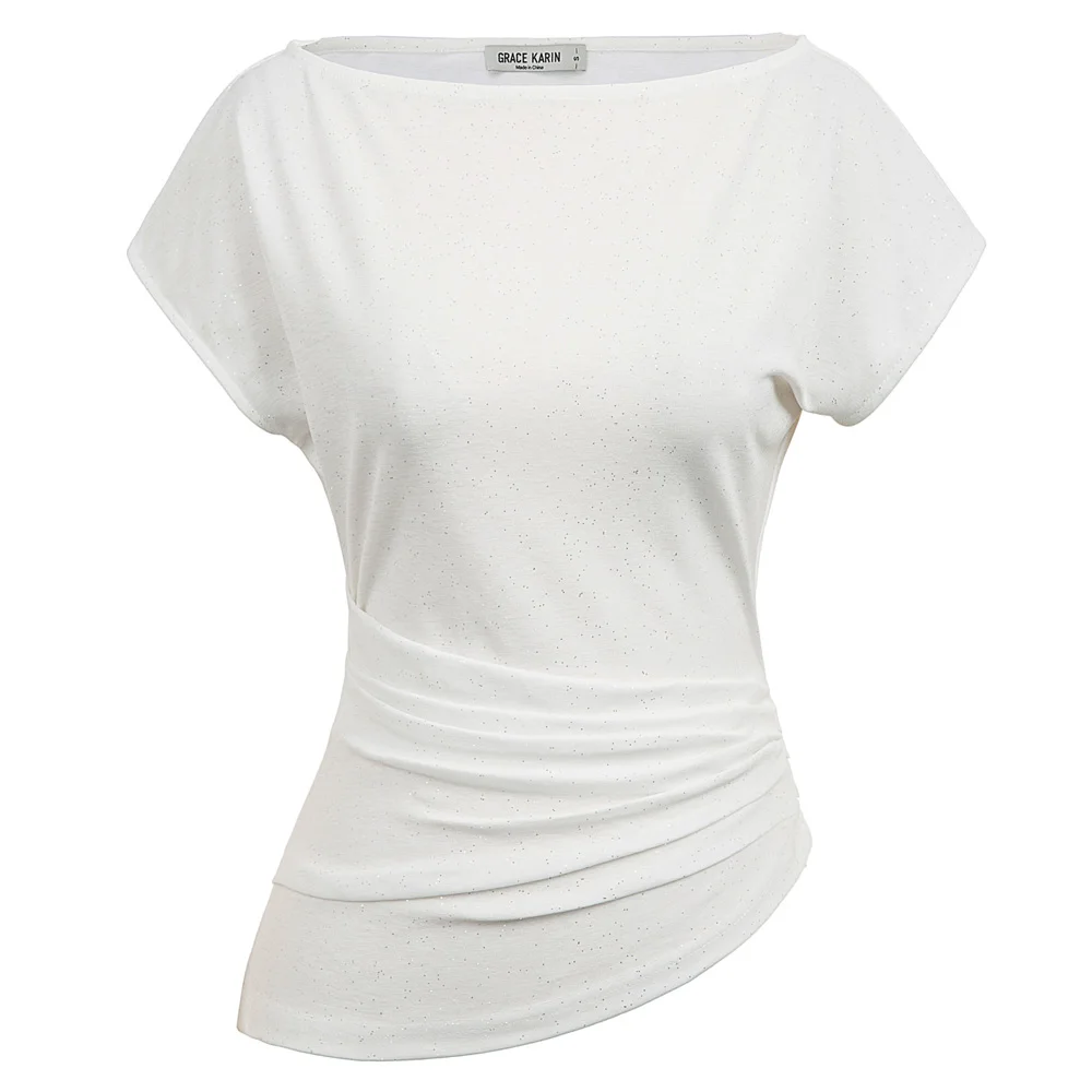 Grace Karin Женские повседневные лодочные шеи нерегулярные подол плиссированные талии с коротким рукавом топы тройники футболки сплошной черный белый - Цвет: Ivory