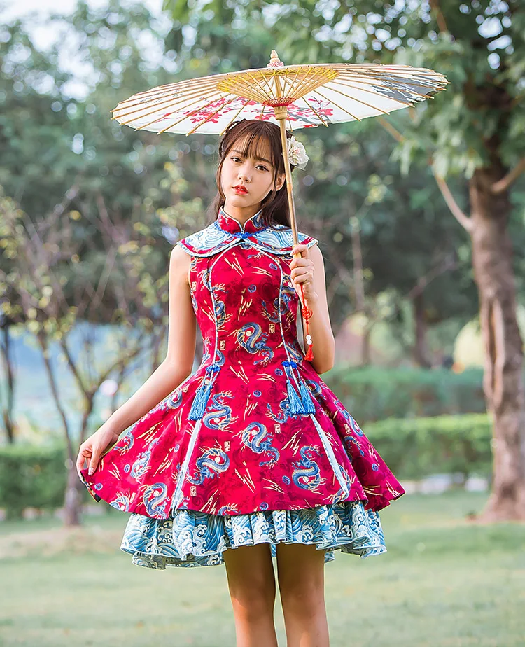 

2018 new Lolita Chinese style cosplay Japanese sweet cute Dragon printing Female Lolita dresses Retro palace fashion sweet dress
