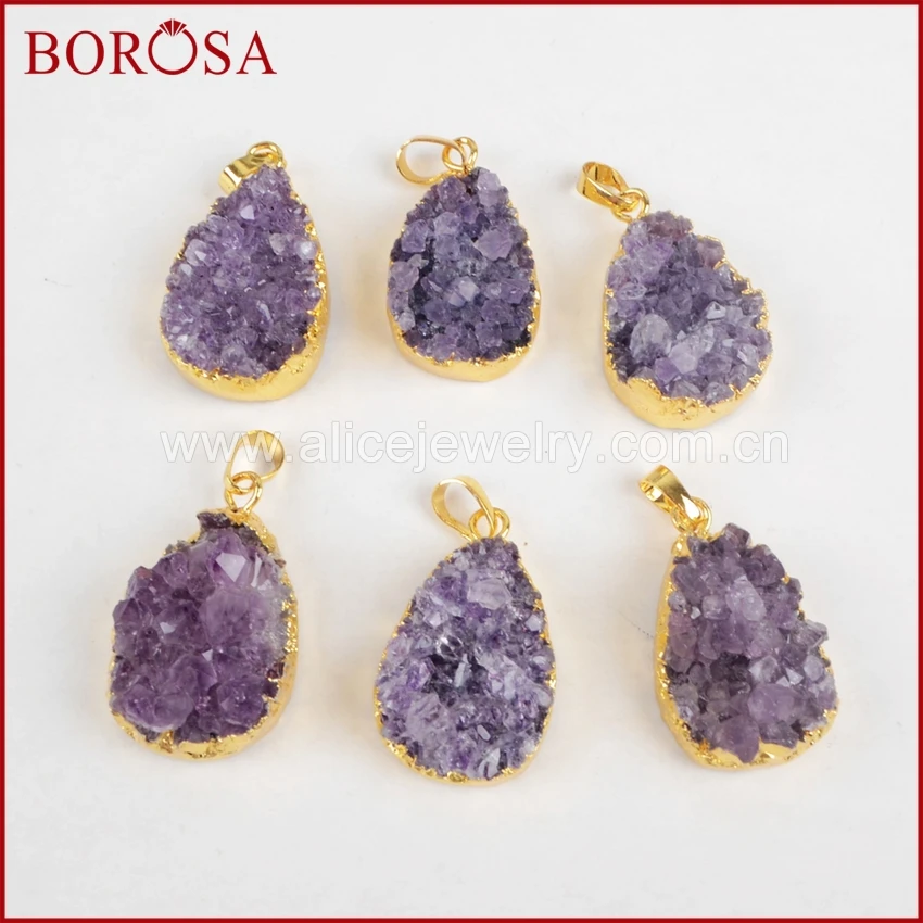 BOROSA 5 шт. каплевидный натуральный фиолетовый кристалл Друза кулон золотой цвет