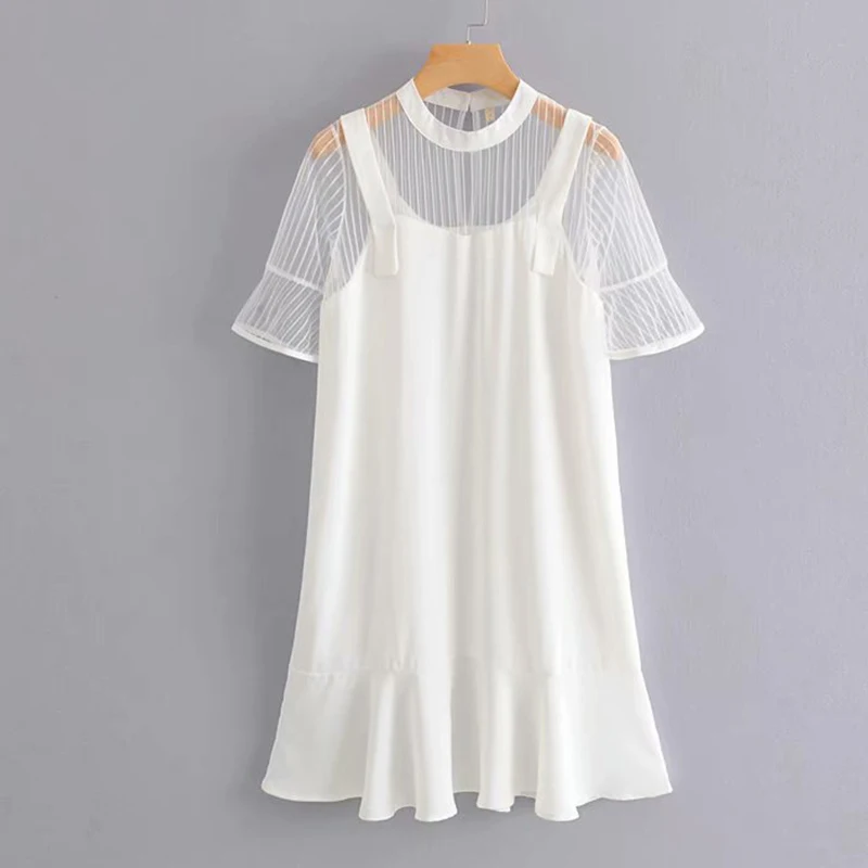Women's Clothing Dress 2019 Fashion Style Mesh Stitching Round Neck Dress Ms Summer Street Sexy Slim Fit Trend Clothing