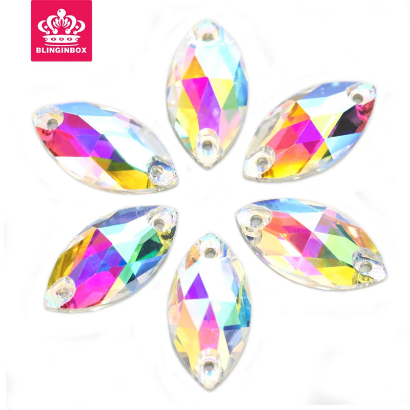 

High Quality Navette Glass Crystal Sew On Rhinestone Clear Glass Sewing Rhinestone Flatback Crystal for Wedding Dress E7013