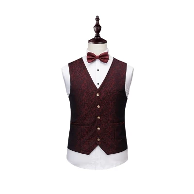 2017 Wedding Dress Suits for Men Slim Fit 3 Piece Set (Jacket+Vest+Pants) Mens Burgundy Floral Jacquard Boys Prom Suit MAUCHLEY 