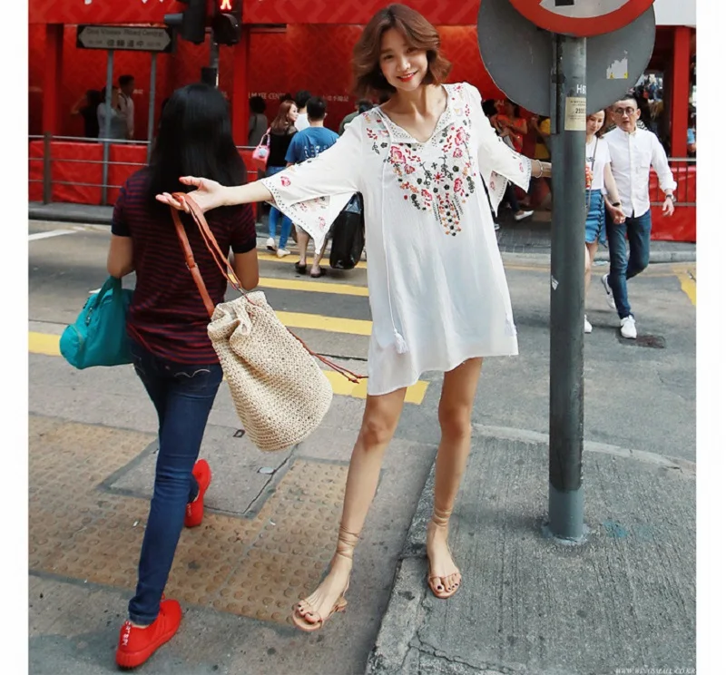 Платье-туника с цветочной вышивкой, мексиканское винтажное платье Хиппи, женское свободное повседневное хлопковое мини пляжное платье в стиле бохо, женские платья