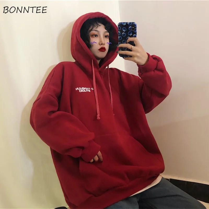 

Hoodies Women Hooded Thicker Plus Velvet Solid Letter Printed Loose Pockets Womens Hoodie Soft Leisure Trendy Chic Students New