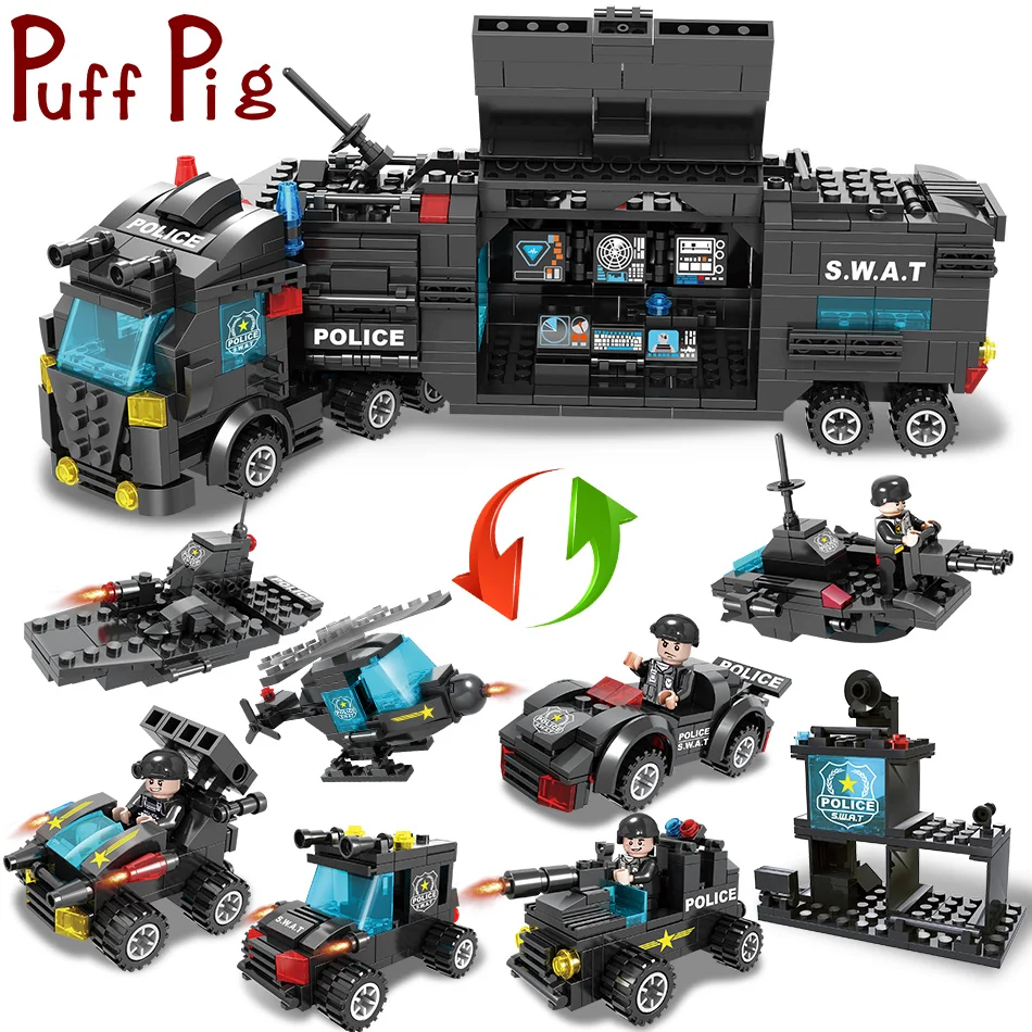 8in1 SWAT Team Truck Vehicle Building Blocks with Police Figures Bricks 750pcs