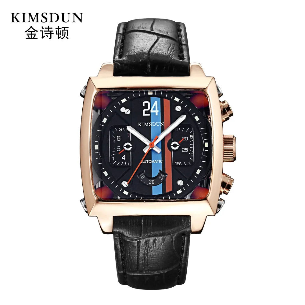 KIMSDUN أعلى العلامة التجارية الرجال الأزياء الفاخرة التلقائي الميكانيكية ووتش جلدية حزام مضيئة التقويم عرض Relogio Masculino
