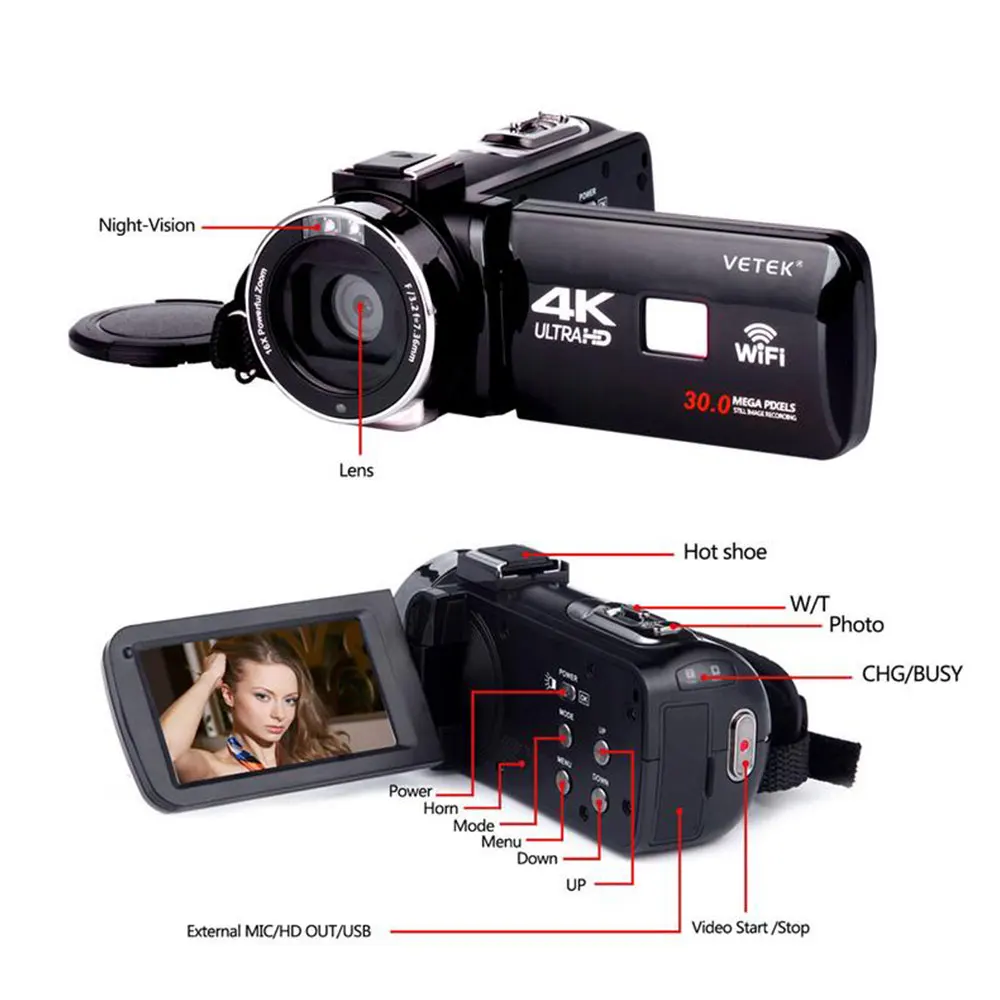 Новинка 2019 Цифровая видеокамера Ultra HD 4K WiFi 3 0 дюймов IPS сенсорный экран 30MP 16X зум +