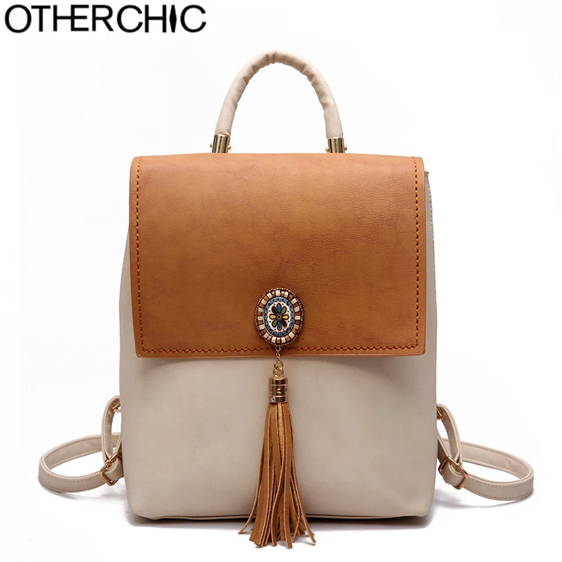 OTHERCHICLeather Tassel Backpack Fashion Knapsack Women Backpacks Teenager School Bags Bohemian Female Backpacks Sac L 7N08