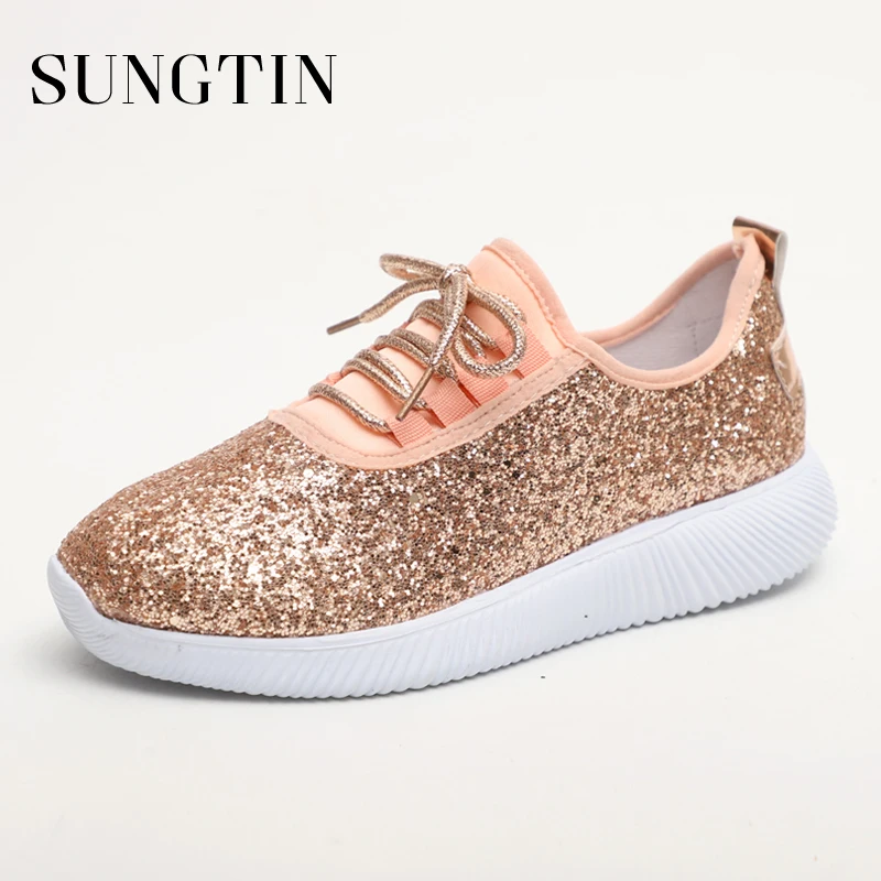 

Sungtin 2019 New Women Platform Casual Shoes Fashion Bling Lace Up Flat Shoes Sneakers Ladies Shoes Large Size Round Toe Sneaker