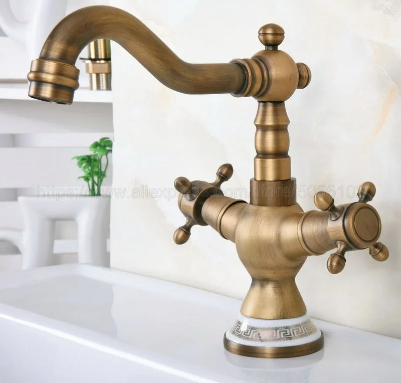 

New Antique Brass Bathroom Sink Faucet Spout Double Cross Handle Bath Mixer Hot and Cold Tap znf604