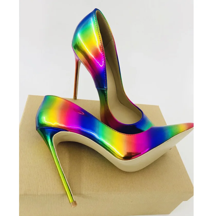 Блестящие туфли-лодочки на высоком каблуке 8 см; радужные пикантные туфли на высоком каблуке 12 см; женские вечерние модельные туфли на каблуке 10 см; женские туфли на шпильке