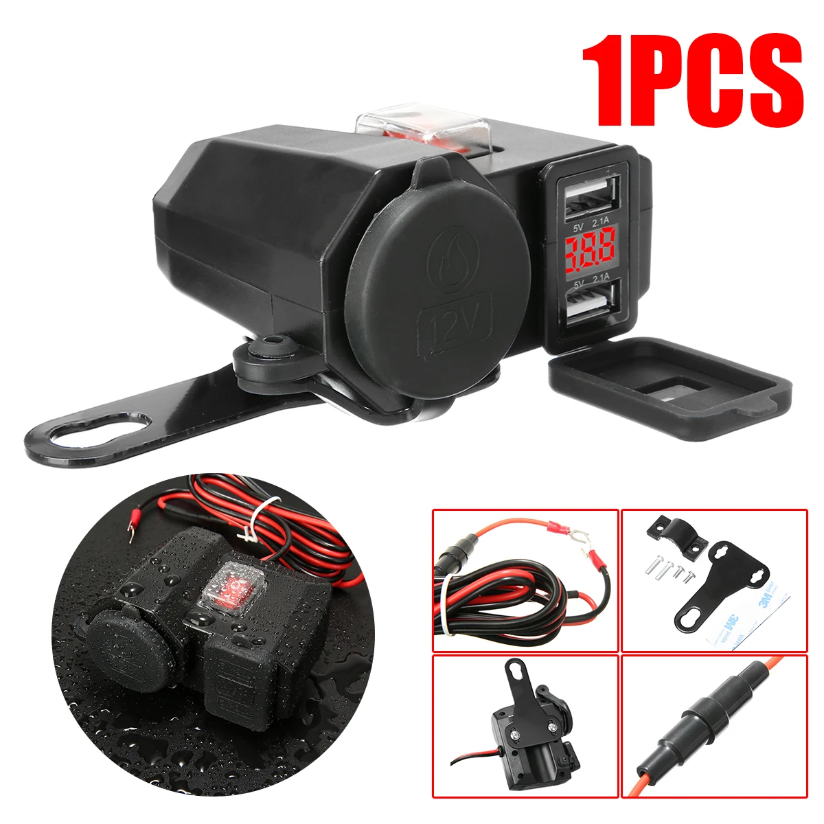 

1PC 12V Motorcycle Cigarette Lighter Power Socket Dual USB Digital Voltmeter With Waterproof Cover For GPS Mobile Phones