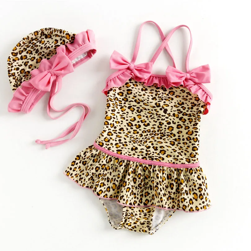 

Bosudhsou Summer Leopard Print Baby Girls Swimwear one pieces Kids Swimsuit Bathing Suit Beach Wear Hat Children Clothing H-95