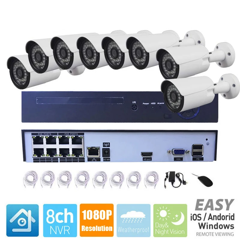 

8ch Security Camera System 48V POE 1080P 8PCS Outdoor IP Camera Surveillance System POE NVR Kit Security Protection Onvif H.264