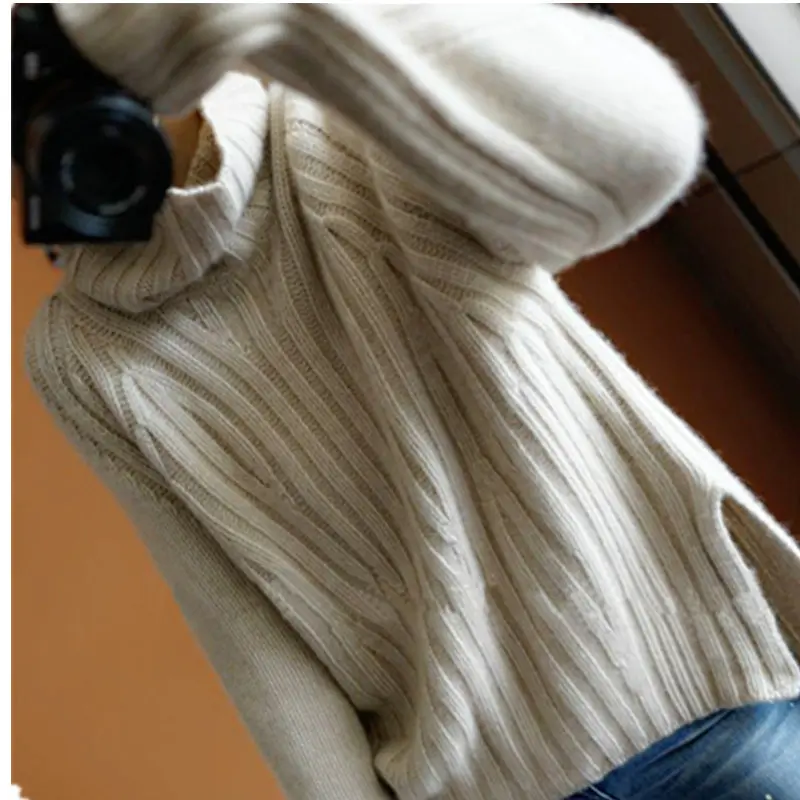 Winter Lazy Loose Knit Women Cashmere Sweater High Collar Solid Color Warm Wool Sweater Thick Pullover High-end Retro Sweaters