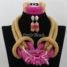 Комплект украшений в африканском стиле цвета фуксии, смешанный золотой комплект украшений, рождественский подарок, нигерийский Свадебный индийский свадебный комплект с кристаллами и бусинами AIJ379