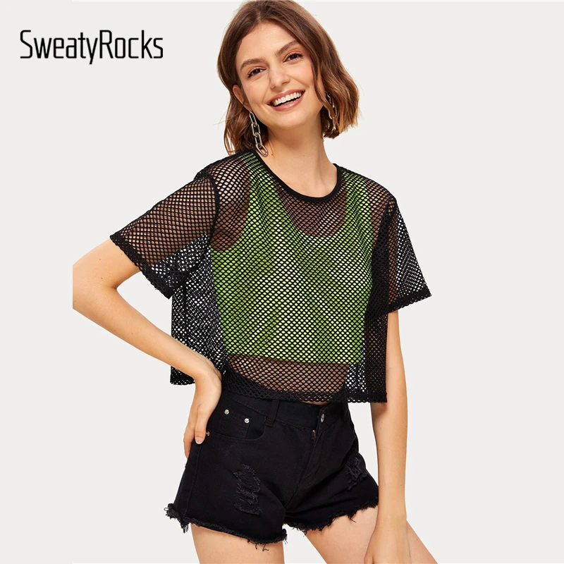 SweatyRocks, черная сетчатая прозрачная укороченная футболка, уличная одежда, короткий рукав, для занятий спортом, тройники, летние повседневные женские одноцветные футболки