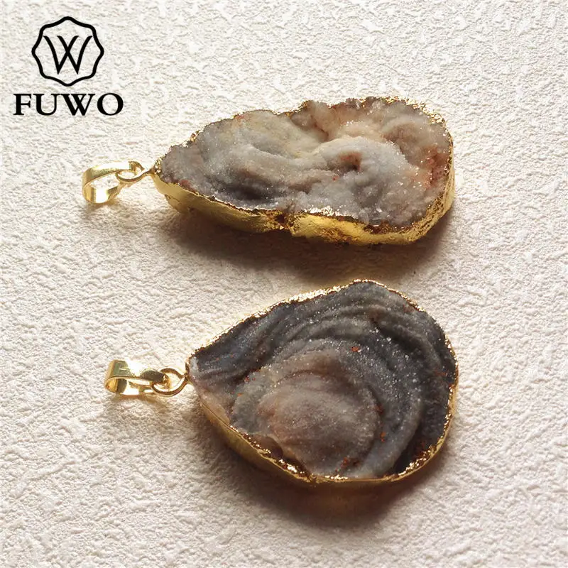 FUWO Free Shape Galaxy Stone Druzy Pendant,Gold Color Plated Raw Sun Agates Jewelry Accessories For Necklace Making PD132 5Pcs