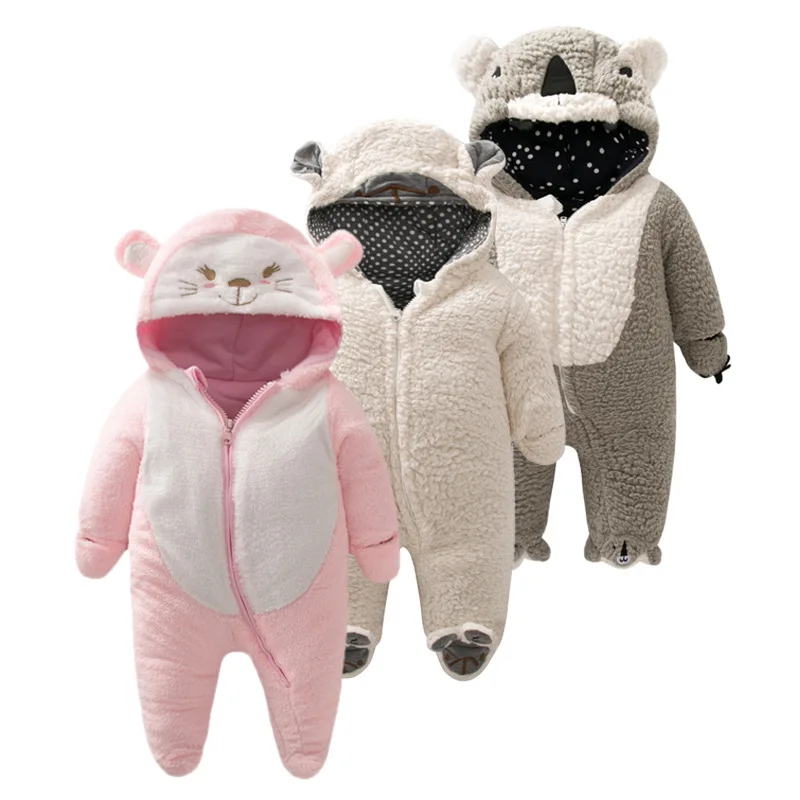 

2019 Winter warm quilted thickening hooded zipper hair cartoon animal shape jumpsuit romper baby clothes baby leotard