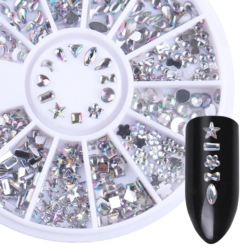 Серебряный гвоздь горный хрусталь 3D украшение для ногтей в колесо Звезда Сердце Луна бусины в форме цветов размер DIY маникюр блестящие, дизайн ногтей