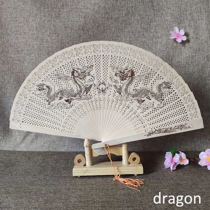 1Pcs Chinese wood carving printing Vintage antique craft fan Incense wood lady folding fan - Цвет: dragon