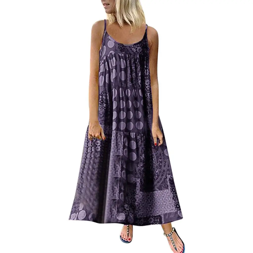 

Women Summer Strappy Loose Bohe Maxi Print Long Dress Plus Size