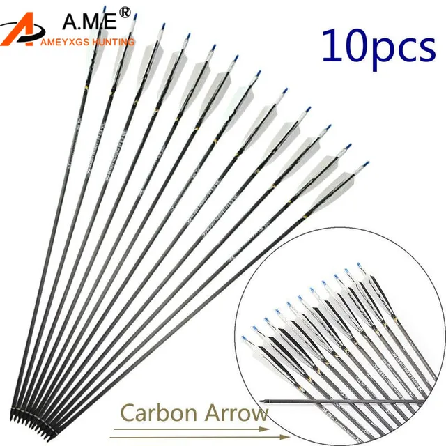 US $51.99 10pcs Archery Pure Carbon Arrows Spine Turkey Feather Arrow Compound Recurve Outdoo
