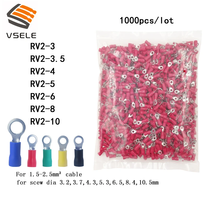 

VSELE 1000PCS/pack ring crimp insulation terminal RV2-3 RV2-4 RV2-5 RV2-6 RV2-8 RV2-10 for 1.5-2.5mm2 wire cable connector