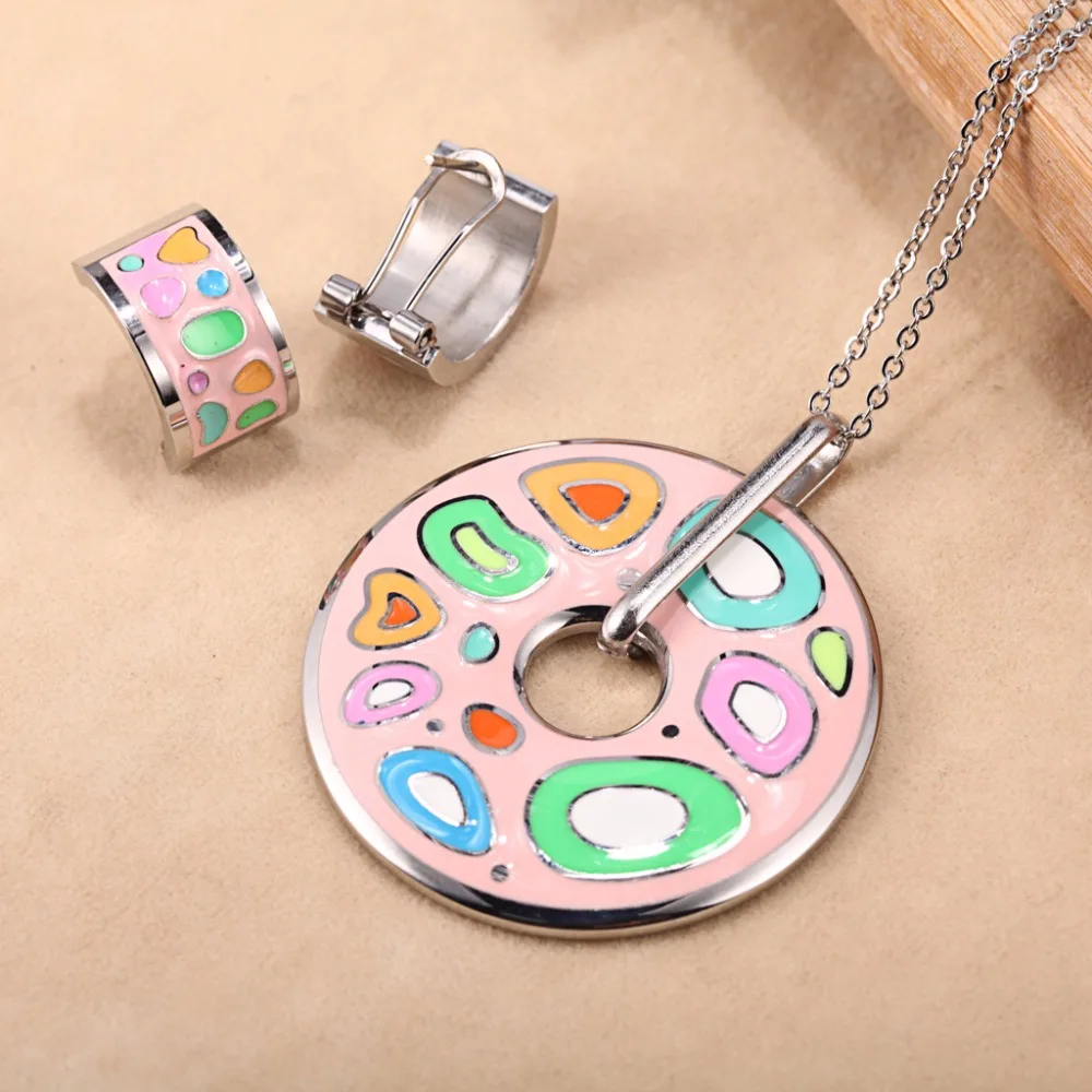 Round Graphics Cute  Necklace for Women Earring Sets  Love Pendant Long Stainless Steele Chains