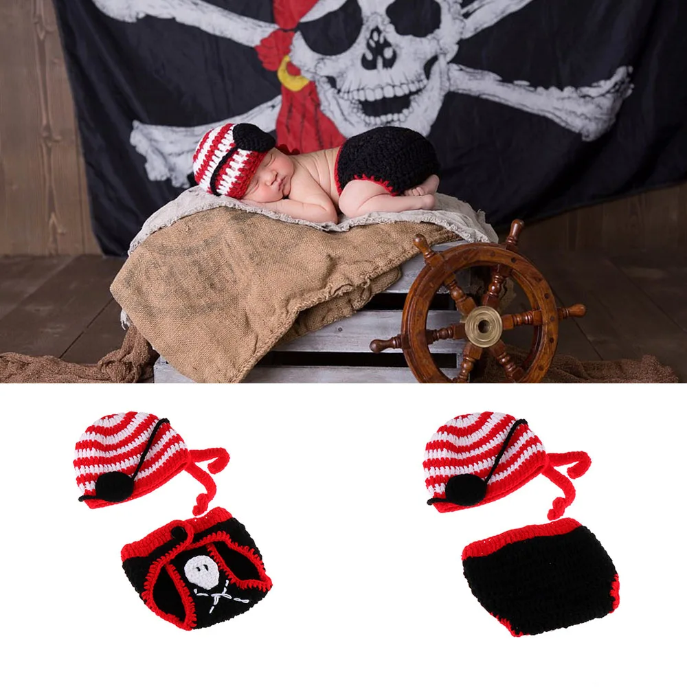 Дизайн с черепом, пиратский вязаный костюм для новорожденных, вязаная шапка ручной работы, подгузник, детская одежда с принтом стрельбы на день рождения