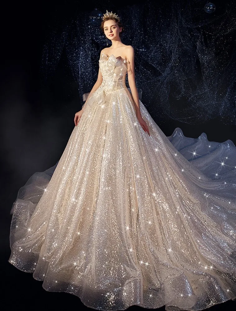 Бальное платье Vivian's Bridal блестящее звездное небесное с бантом вуаль свадебное