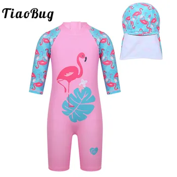 

TiaoBug Kids Girls One-piece Zippered Fish/Flamingo Printed Swimsuit Swimwear Child Beach Bathing Suit Rash Guard with Swim Cap
